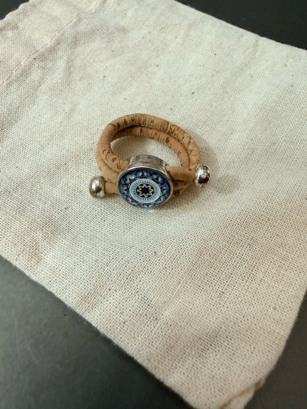 Beige Cork Wrap Ring with Blue Design - Picture 2 of 2